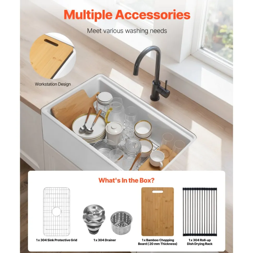 VEVOR 32.5x20 inch Farmhouse Sink, White Sink Workstation, Fireclay Undermount Basins, Apron Front Single Bowl Basin with Multiple Accessories, Large Capacity Household Dishwasher Sinks for Kitchen