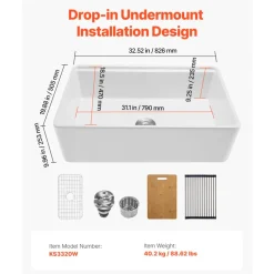 VEVOR 32.5x20 inch Farmhouse Sink, White Sink Workstation, Fireclay Undermount Basins, Apron Front Single Bowl Basin with Multiple Accessories, Large Capacity Household Dishwasher Sinks for Kitchen