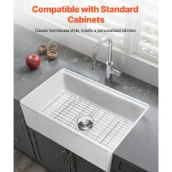 VEVOR 32.5x20 inch Farmhouse Sink, White Sink Workstation, Fireclay Undermount Basins, Apron Front Single Bowl Basin with Multiple Accessories, Large Capacity Household Dishwasher Sinks for Kitchen