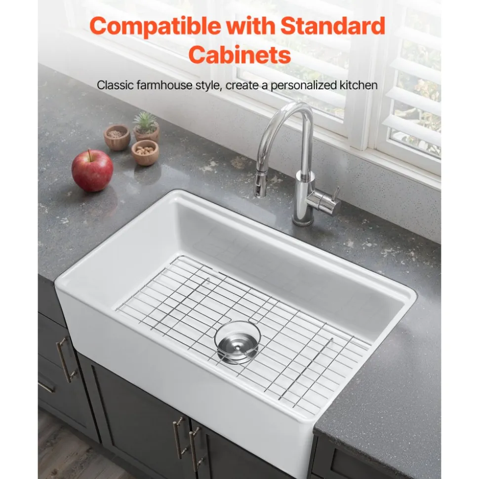 VEVOR 32.5x20 inch Farmhouse Sink, White Sink Workstation, Fireclay Undermount Basins, Apron Front Single Bowl Basin with Multiple Accessories, Large Capacity Household Dishwasher Sinks for Kitchen