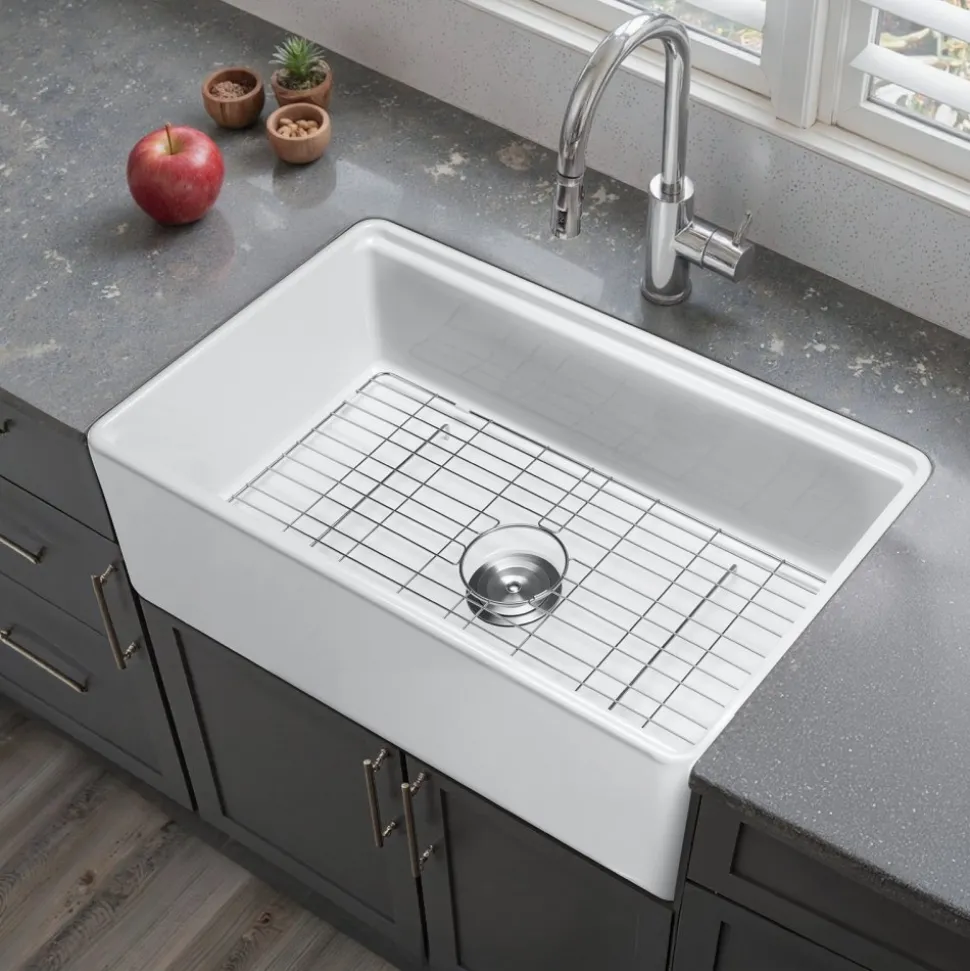 VEVOR 32.5x20 inch Farmhouse Sink, White Sink Workstation, Fireclay Undermount Basins, Apron Front Single Bowl Basin with Multiple Accessories, Large Capacity Household Dishwasher Sinks for Kitchen