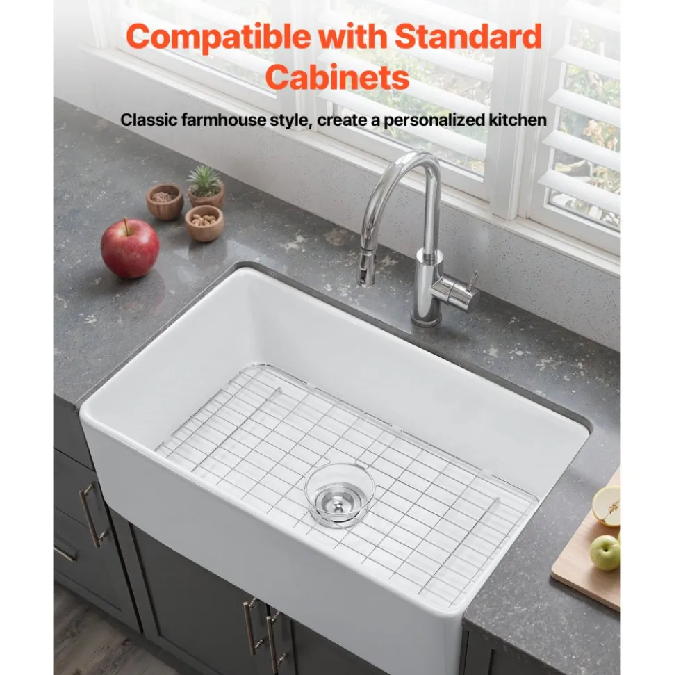 VEVOR 33.5x20 inch Farmhouse Sink, White Sink Workstation, Fireclay Undermount Basins, Apron Front Single Bowl Basin with Multiple Accessories, Large Capacity Household Dishwasher Sinks for Kitchen