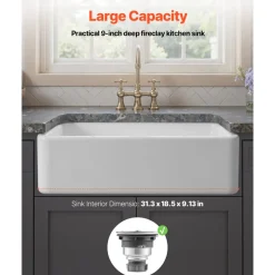 VEVOR 33.5x20 inch Farmhouse Sink, White Sink Workstation, Fireclay Undermount Basins, Apron Front Single Bowl Basin with Multiple Accessories, Large Capacity Household Dishwasher Sinks for Kitchen