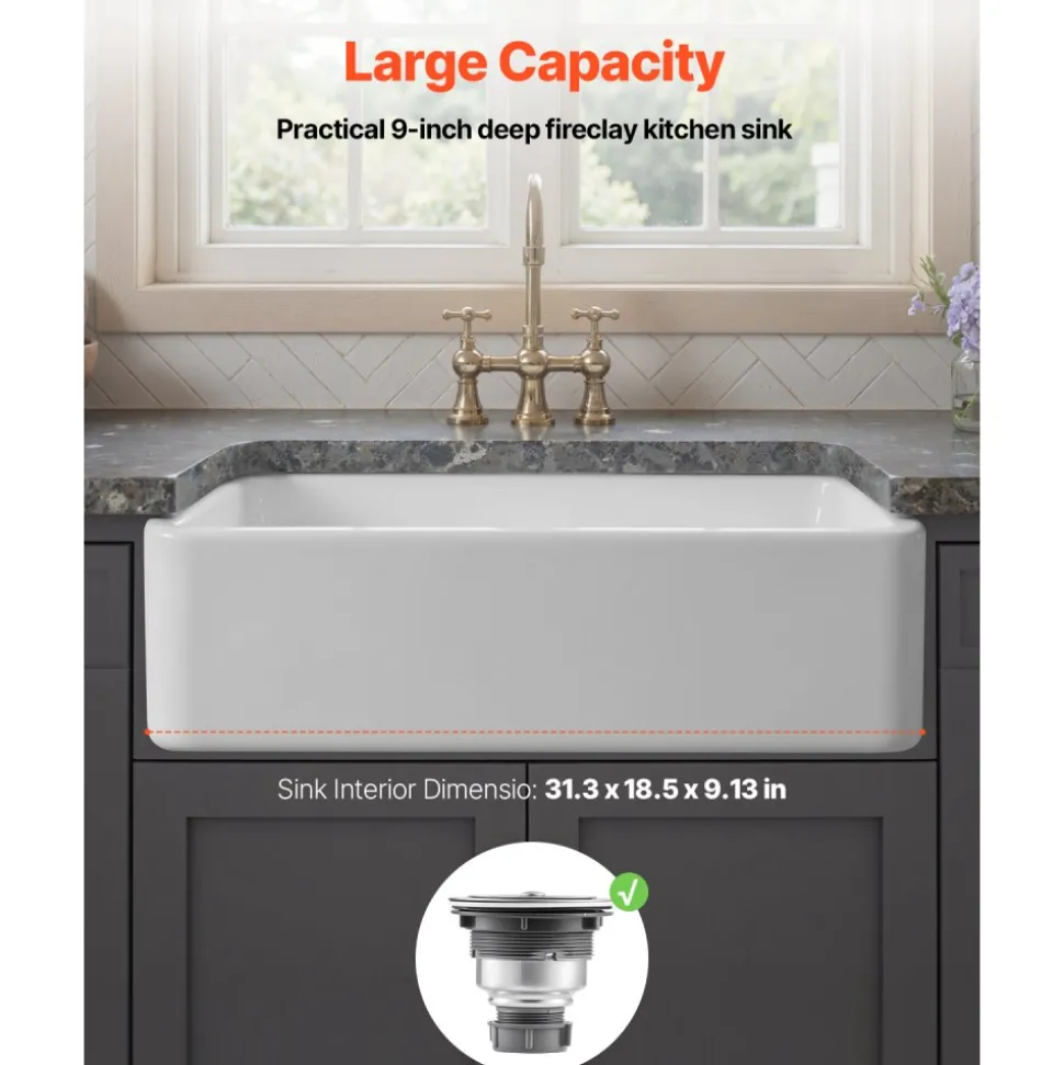 VEVOR 33.5x20 inch Farmhouse Sink, White Sink Workstation, Fireclay Undermount Basins, Apron Front Single Bowl Basin with Multiple Accessories, Large Capacity Household Dishwasher Sinks for Kitchen