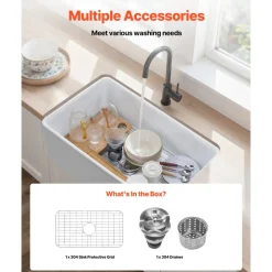 VEVOR 33.5x20 inch Farmhouse Sink, White Sink Workstation, Fireclay Undermount Basins, Apron Front Single Bowl Basin with Multiple Accessories, Large Capacity Household Dishwasher Sinks for Kitchen