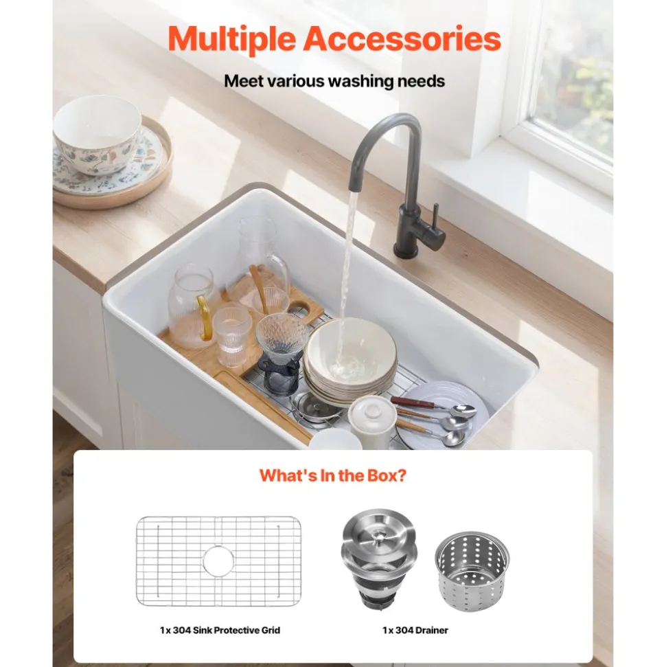 VEVOR 33.5x20 inch Farmhouse Sink, White Sink Workstation, Fireclay Undermount Basins, Apron Front Single Bowl Basin with Multiple Accessories, Large Capacity Household Dishwasher Sinks for Kitchen