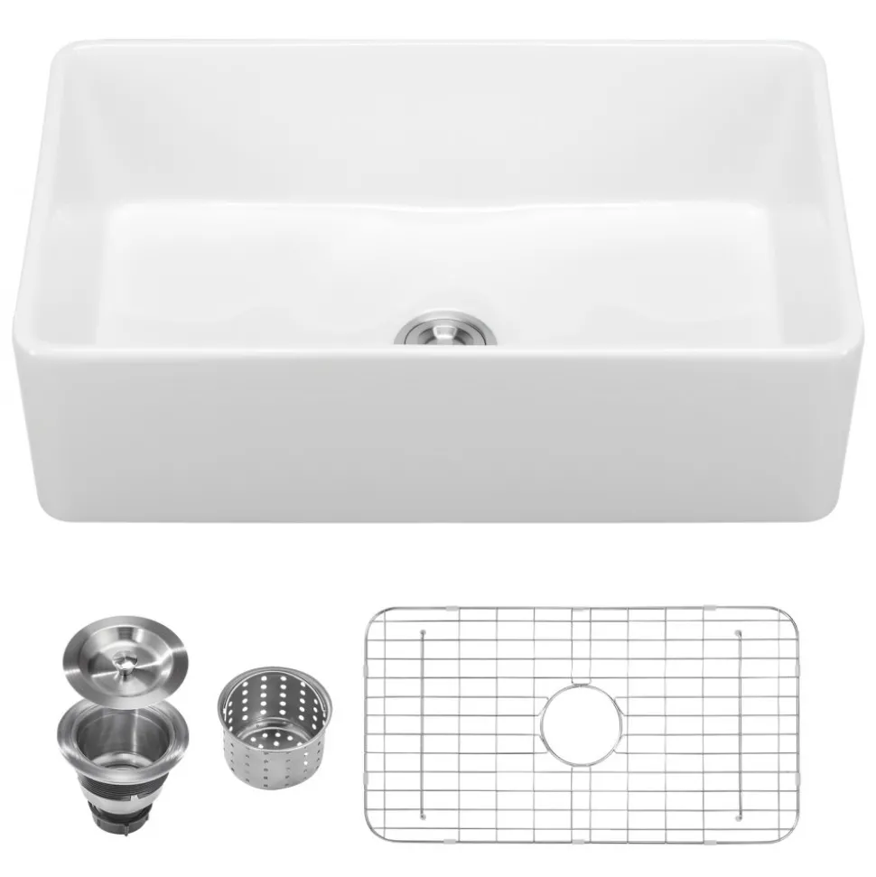 VEVOR 33.5x20 inch Farmhouse Sink, White Sink Workstation, Fireclay Undermount Basins, Apron Front Single Bowl Basin with Multiple Accessories, Large Capacity Household Dishwasher Sinks for Kitchen