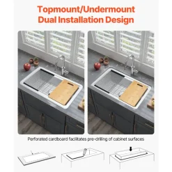 VEVOR 33x19 inch Farmhouse Sink, White Sink Workstation, Fireclay Topmount Undermount Basin, Drop-In Single Bowl Basin with Multiple Accessories, Large Capacity Household Dishwasher Sinks for Kitchen