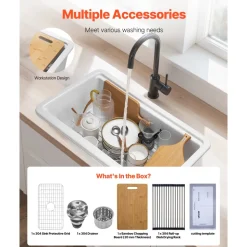 VEVOR 33x19 inch Farmhouse Sink, White Sink Workstation, Fireclay Topmount Undermount Basin, Drop-In Single Bowl Basin with Multiple Accessories, Large Capacity Household Dishwasher Sinks for Kitchen