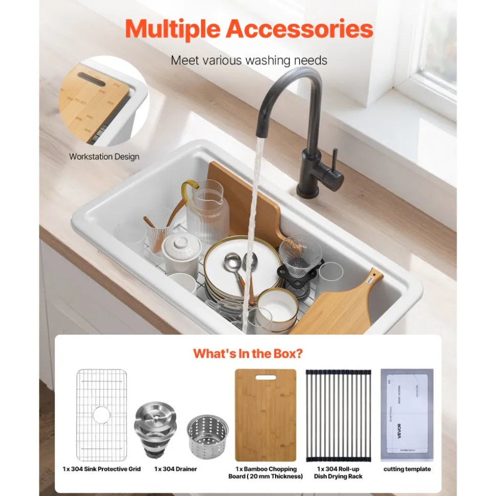 VEVOR 33x19 inch Farmhouse Sink, White Sink Workstation, Fireclay Topmount Undermount Basin, Drop-In Single Bowl Basin with Multiple Accessories, Large Capacity Household Dishwasher Sinks for Kitchen