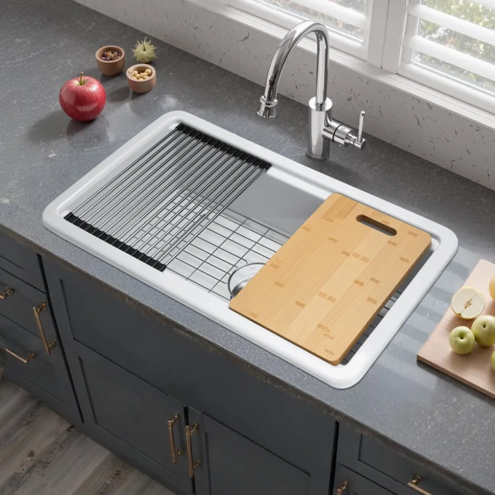VEVOR 33x19 inch Farmhouse Sink, White Sink Workstation, Fireclay Topmount Undermount Basin, Drop-In Single Bowl Basin with Multiple Accessories, Large Capacity Household Dishwasher Sinks for Kitchen
