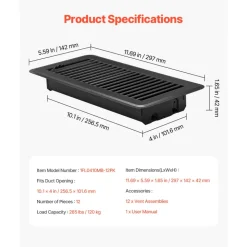 VEVOR 4 x 10 Inch Floor Registers, 12-Pack Vent Grilles, HAVC Heavy-Duty Walkable Iron Floor Vents, Easily Adjustable Rust-Proof Air Vents Deflector with Metal Damper, Ideal for Home & Office, Black
