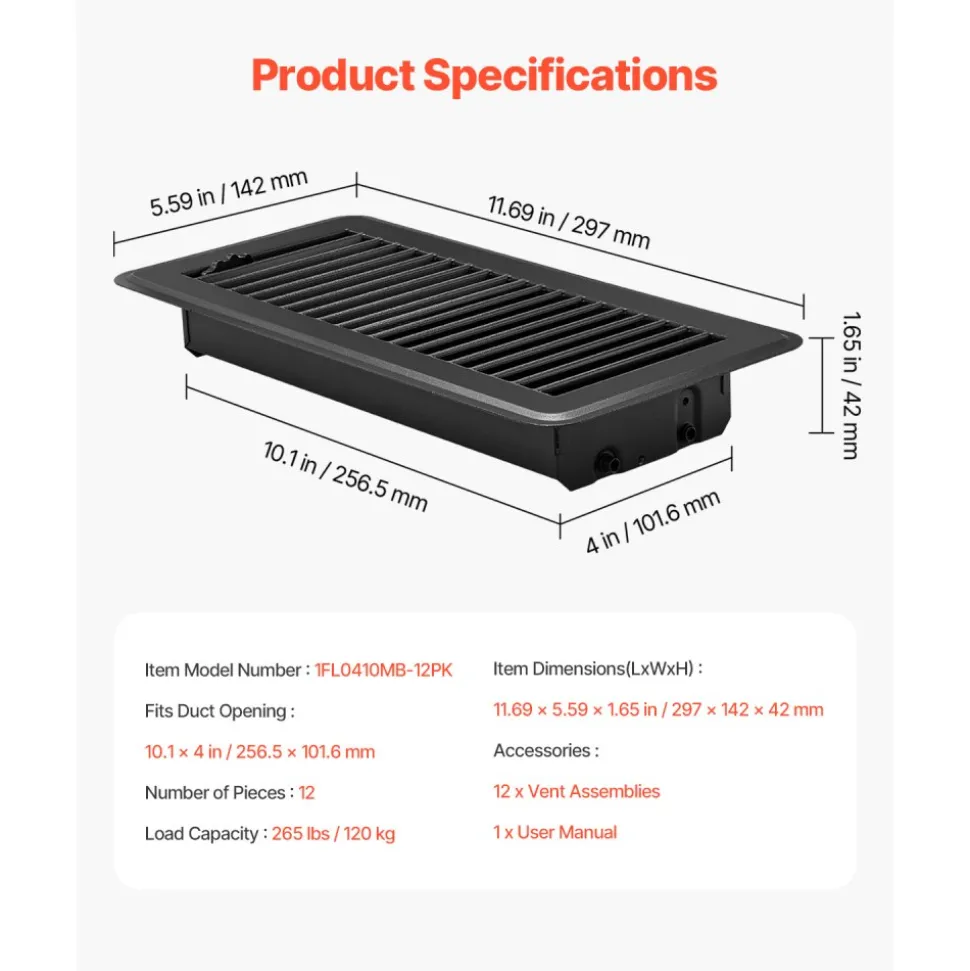 VEVOR 4 x 10 Inch Floor Registers, 12-Pack Vent Grilles, HAVC Heavy-Duty Walkable Iron Floor Vents, Easily Adjustable Rust-Proof Air Vents Deflector with Metal Damper, Ideal for Home & Office, Black