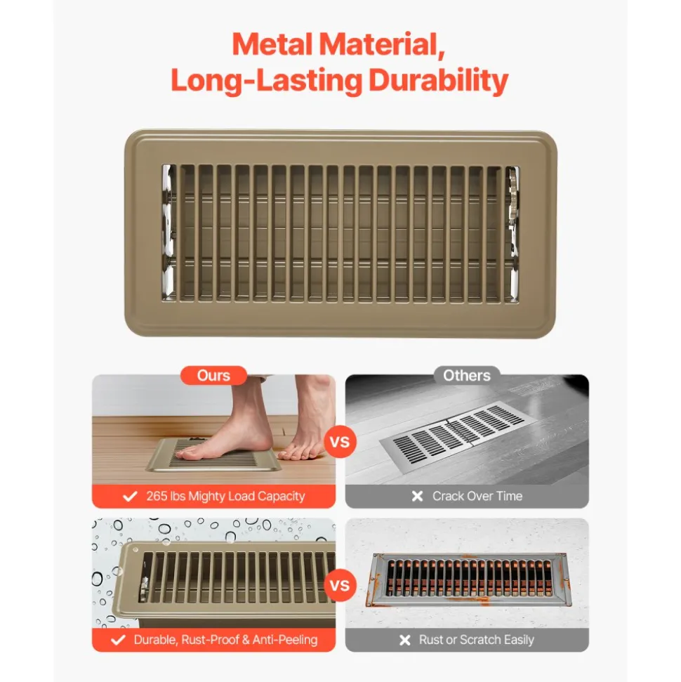 VEVOR 4 x 10 Inch Floor Registers, 6-Pack Vent Grilles, HVAC Heavy-Duty Walkable Iron Floor Vents, Easily Adjustable Rust-Proof Air Vents Deflector with Metal Damper, Ideal for Home & Office, Brown