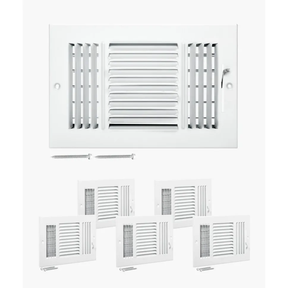 VEVOR 6 x 10 Inch Floor Registers, 6-Pack Floor Vents, HVAC 3-Direction Iron Vent Grilles for Home/Office Wall & Ceiling, Rustproof Anti-Peeling Air Vents Deflector Adjustable with Metal Damper, White