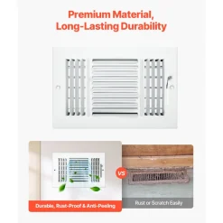 VEVOR 6 x 10 Inch Floor Registers, 6-Pack Floor Vents, HVAC 3-Direction Iron Vent Grilles for Home/Office Wall & Ceiling, Rustproof Anti-Peeling Air Vents Deflector Adjustable with Metal Damper, White