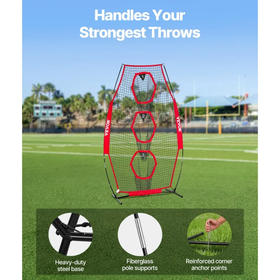 VEVOR 8 x 4 inch Football Trainer Throwing Net, Training Throwing Target Practice Net with 5 Target Pockets, Knotless Net Includes Straps and Portable Carry Case, Improve QB Throwing Accuracy, Red
