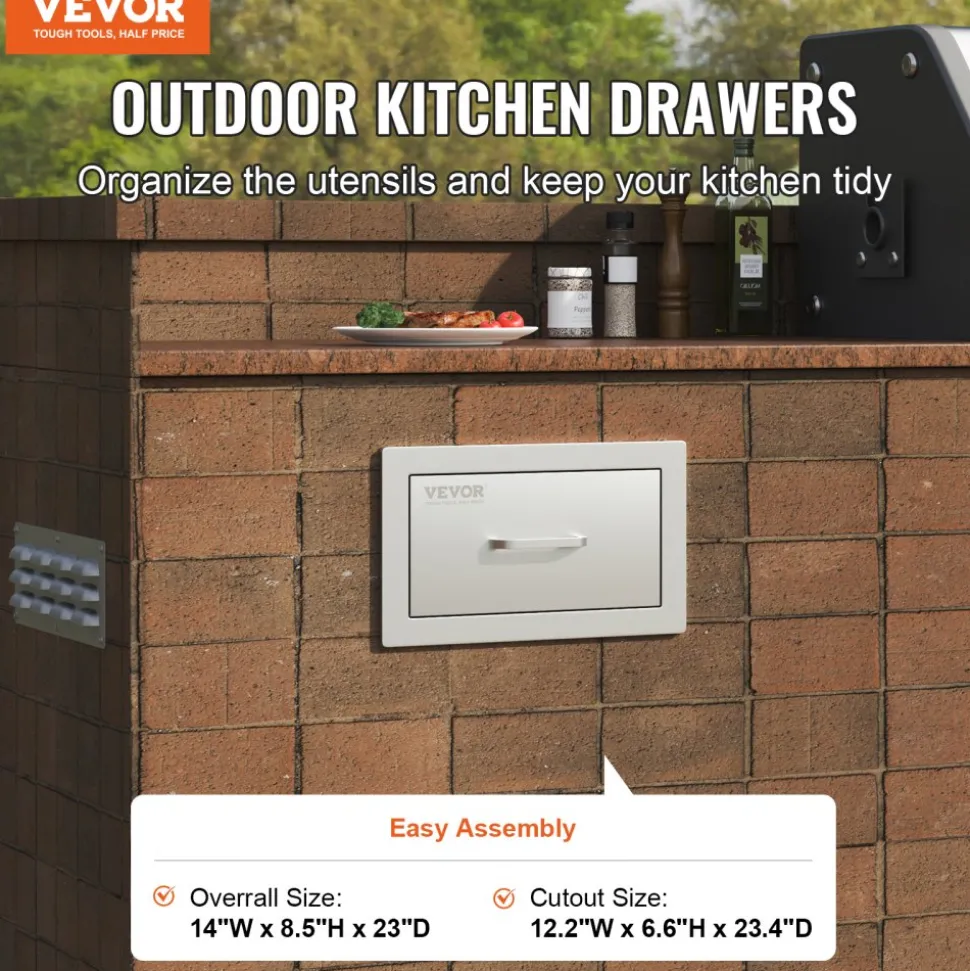 VEVOR 14x8.5 Inch Outdoor Kitchen Drawers Stainless Steel, Flush Mount Double Drawers,14W x 8.5H x 23D Inch, with Stainless Steel Handle, BBQ Drawers for Outdoor Kitchens or BBQ Island