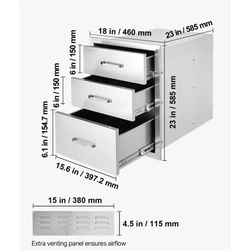VEVOR 18x23 Inch Outdoor Kitchen Stainless Steel Triple Access BBQ Drawers with Chrome Handle, 18 x23 x 23 Inch