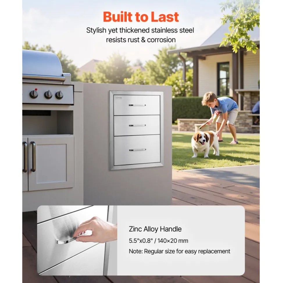 VEVOR 18x23 Inch Outdoor Kitchen Stainless Steel Triple Access BBQ Drawers with Chrome Handle, 18 x23 x 23 Inch