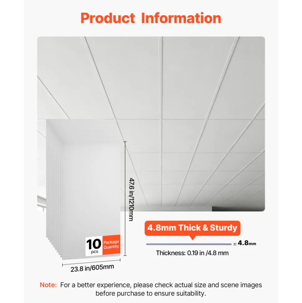 VEVOR 24 x 48 in PVC Ceiling Tiles 10-Pack Drop Ceiling Panels White, PVC Foam Board, Grid Fit, Water-Resistant, Flexible Cut, Easy to Clean, Modern Decorative for Home,Office,Kitchen,Living Room