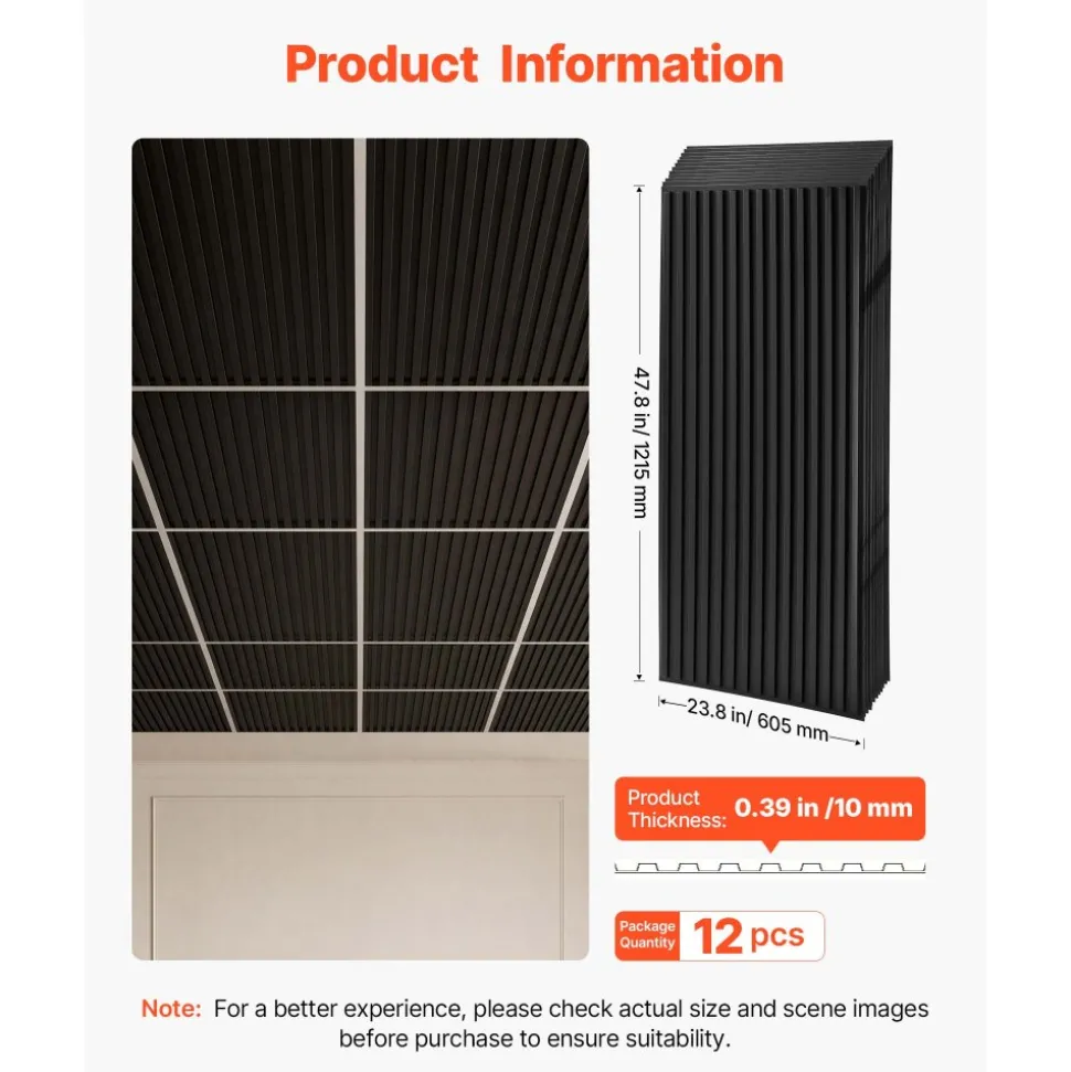 VEVOR 24 x 48 in PVC Ceiling Tiles 12-Pack 3D Black Linear Slat Panels, Smooth PVC Sheet for Drop Grid, Impact-Resistant, Paintable Surface, Easy Cut, Modern Decorative Style for Home, Office