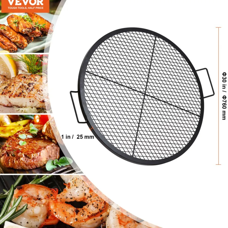 VEVOR X-Marks Fire Pit Grill Grate, Round Cooking Grate, Heavy Duty Steel Campfire BBQ Grill Grid with Handle and Support X Wire, Portable Camping Cookware for Outside Party & Gathering, 30 Inch Black