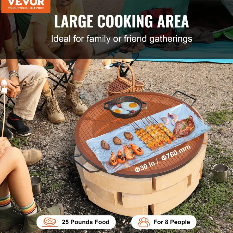 VEVOR X-Marks Fire Pit Grill Grate, Round Cooking Grate, Heavy Duty Steel Campfire BBQ Grill Grid with Handle and Support X Wire, Portable Camping Cookware for Outside Party & Gathering, 30 Inch Black