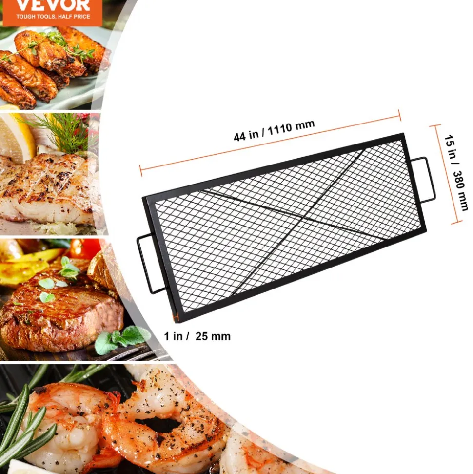 VEVOR X-Marks Fire Pit Grill Grate, Rectangle Cooking Grate, Heavy Duty Steel Campfire BBQ Grill Grid with Handle & Support X Wire, Portable Camping Cookware for Outside Party Gathering, 32 Inch Black