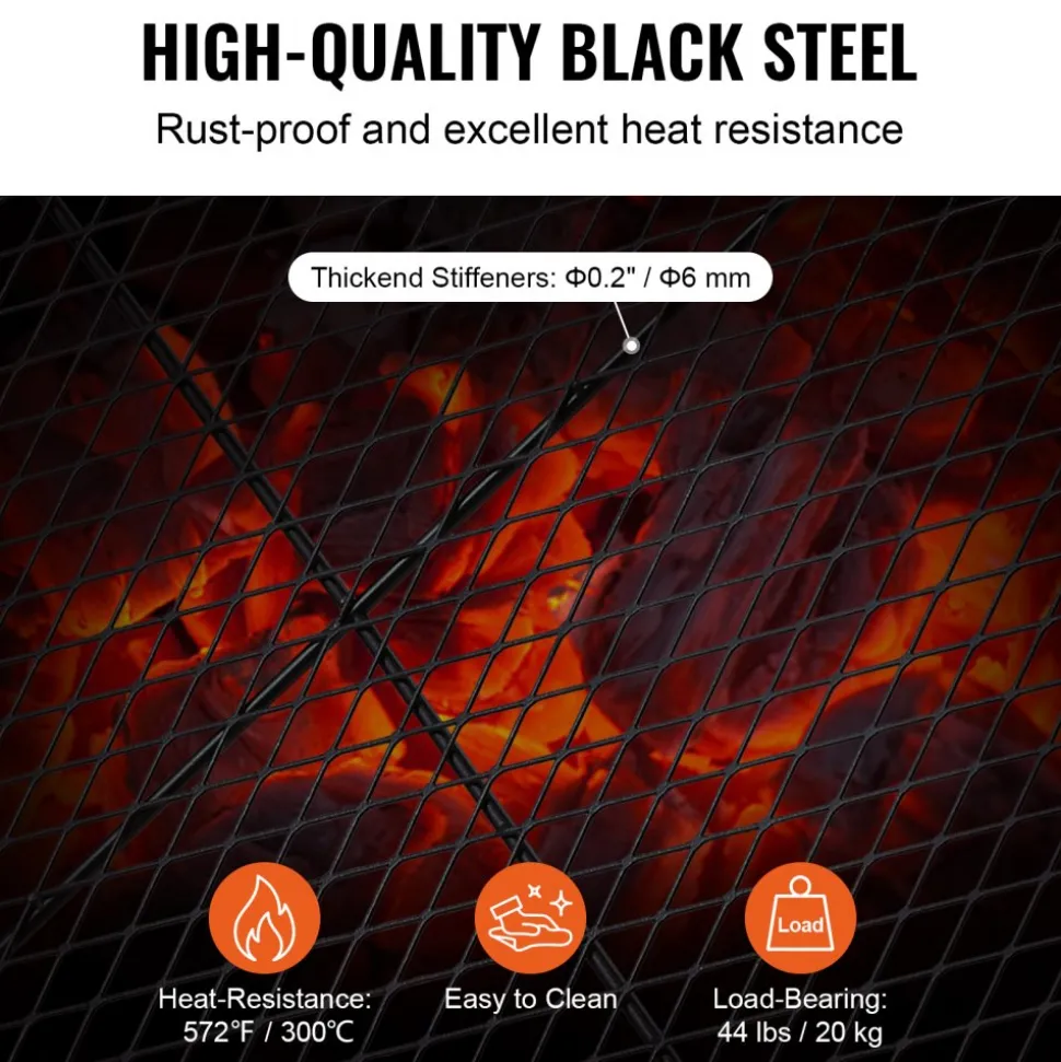 VEVOR X-Marks Fire Pit Grill Grate, Rectangle Cooking Grate, Heavy Duty Steel Campfire BBQ Grill Grid with Handle & Support X Wire, Portable Camping Cookware for Outside Party Gathering, 32 Inch Black