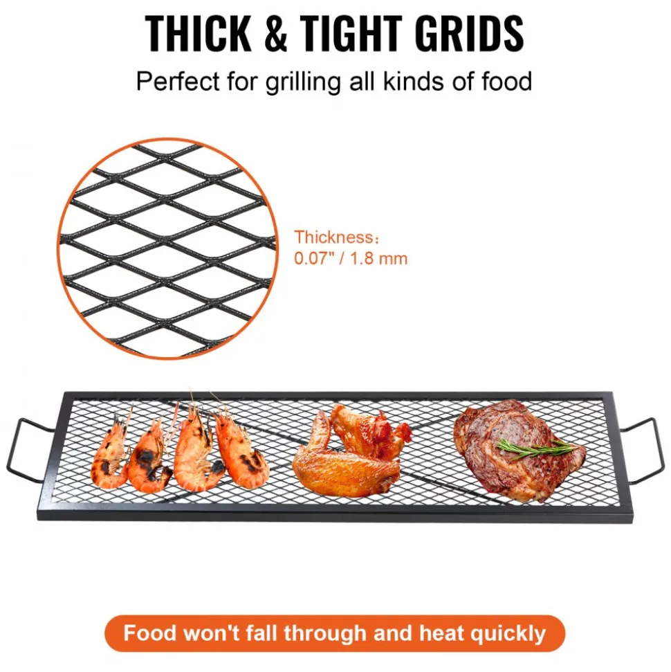 VEVOR X-Marks Fire Pit Grill Grate, Rectangle Cooking Grate, Heavy Duty Steel Campfire BBQ Grill Grid with Handle & Support X Wire, Portable Camping Cookware for Outside Party Gathering, 32 Inch Black