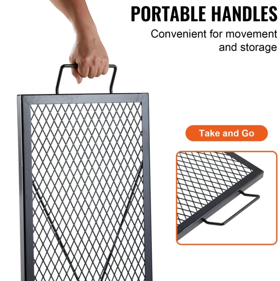 VEVOR X-Marks Fire Pit Grill Grate, Rectangle Cooking Grate, Heavy Duty Steel Campfire BBQ Grill Grid with Handle & Support X Wire, Portable Camping Cookware for Outside Party Gathering, 32 Inch Black