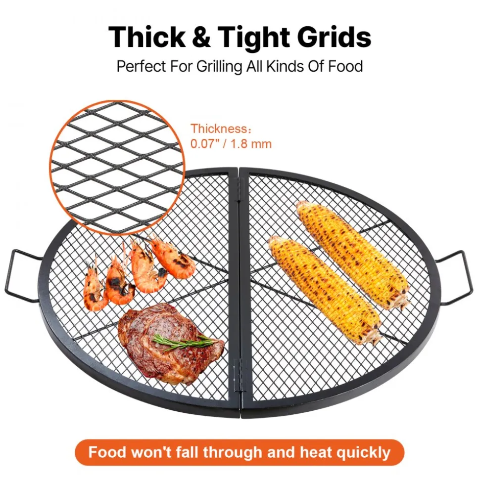 VEVOR X-Marks Fire Pit Grill Grate, Foldable Round Cooking Grate, Heavy Duty Steel Campfire BBQ Grill Grid with Handle and Support X Wire, Portable Camping Cookware for Outside Party, 36 Inch Black