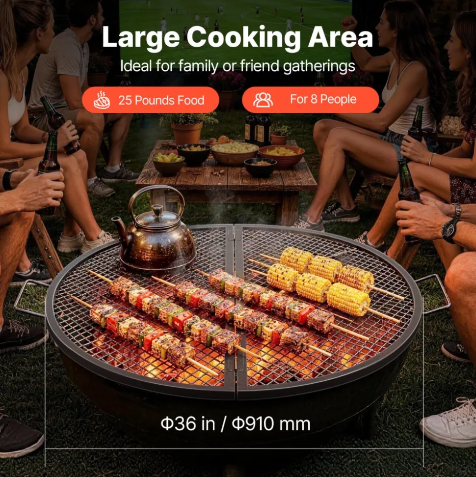 VEVOR X-Marks Fire Pit Grill Grate, Foldable Round Cooking Grate, Heavy Duty Steel Campfire BBQ Grill Grid with Handle and Support X Wire, Portable Camping Cookware for Outside Party, 36 Inch Black