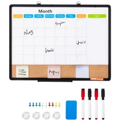 VEVOR 24"x 18" Monthly Calendar Whiteboard & Cork Board Combo with Aluminum Frame – 2-in-1 Magnetic Dry Erase Bulletin Board for Wall Mount – Ideal for School, Home, Office