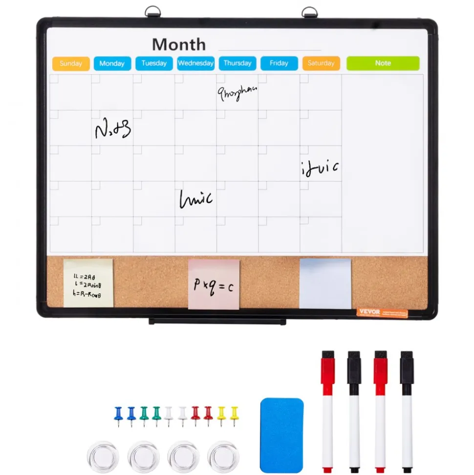 VEVOR 24"x 18" Monthly Calendar Whiteboard & Cork Board Combo with Aluminum Frame – 2-in-1 Magnetic Dry Erase Bulletin Board for Wall Mount – Ideal for School, Home, Office
