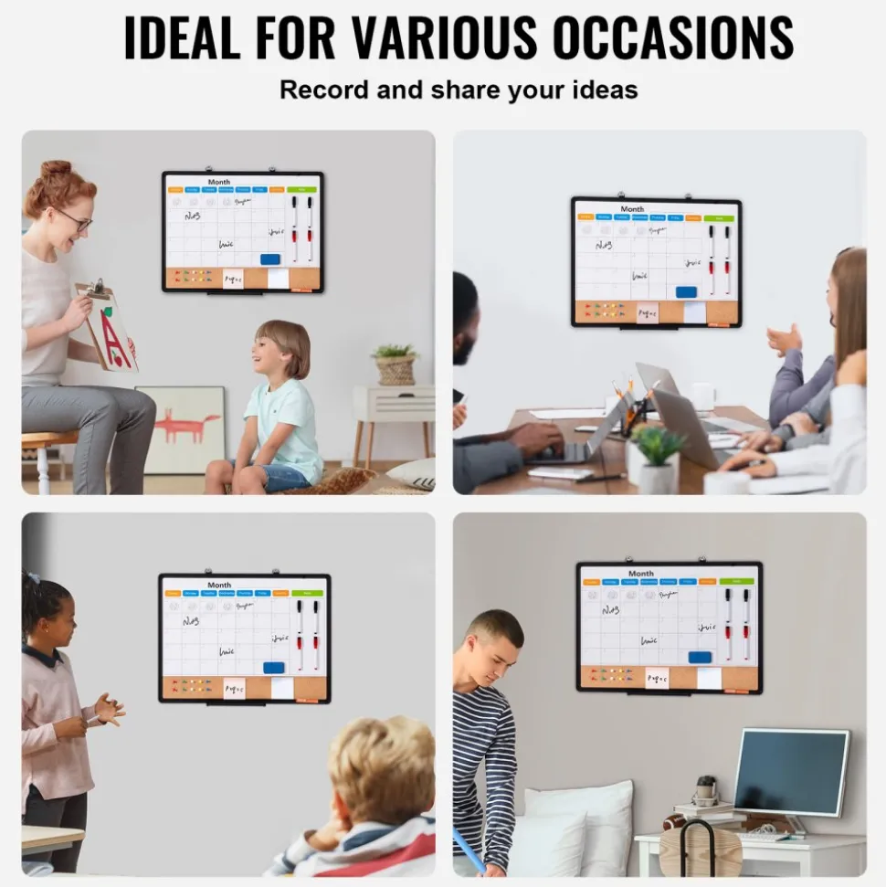 VEVOR 24"x 18" Monthly Calendar Whiteboard & Cork Board Combo with Aluminum Frame – 2-in-1 Magnetic Dry Erase Bulletin Board for Wall Mount – Ideal for School, Home, Office