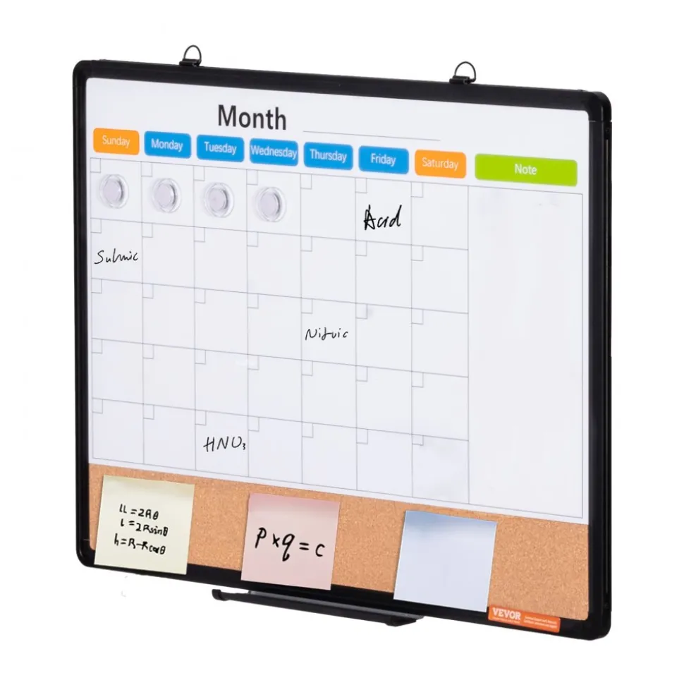 VEVOR 24"x 18" Monthly Calendar Whiteboard & Cork Board Combo with Aluminum Frame – 2-in-1 Magnetic Dry Erase Bulletin Board for Wall Mount – Ideal for School, Home, Office