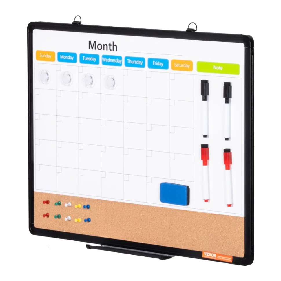 VEVOR 24"x 18" Monthly Calendar Whiteboard & Cork Board Combo with Aluminum Frame – 2-in-1 Magnetic Dry Erase Bulletin Board for Wall Mount – Ideal for School, Home, Office