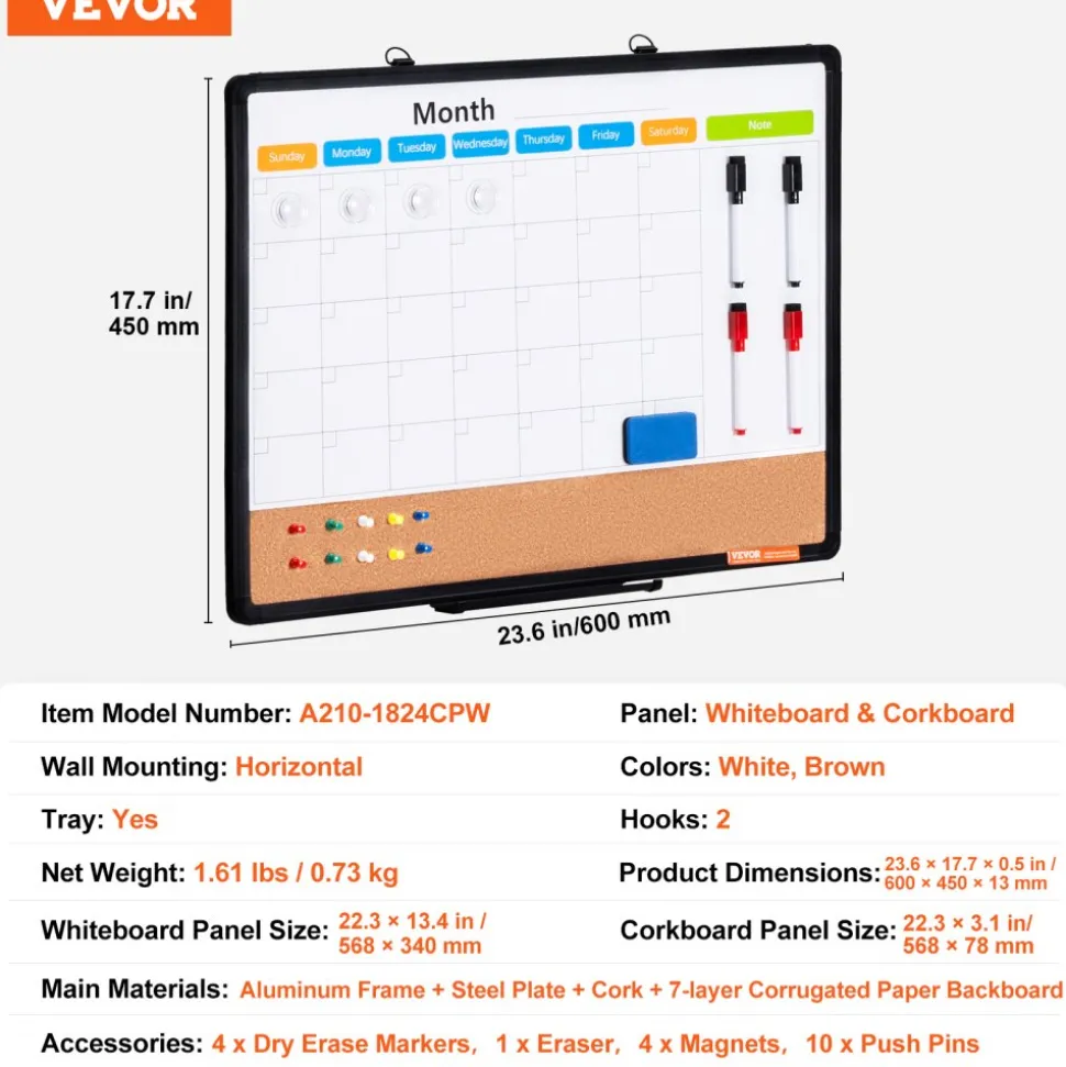 VEVOR 24"x 18" Monthly Calendar Whiteboard & Cork Board Combo with Aluminum Frame – 2-in-1 Magnetic Dry Erase Bulletin Board for Wall Mount – Ideal for School, Home, Office