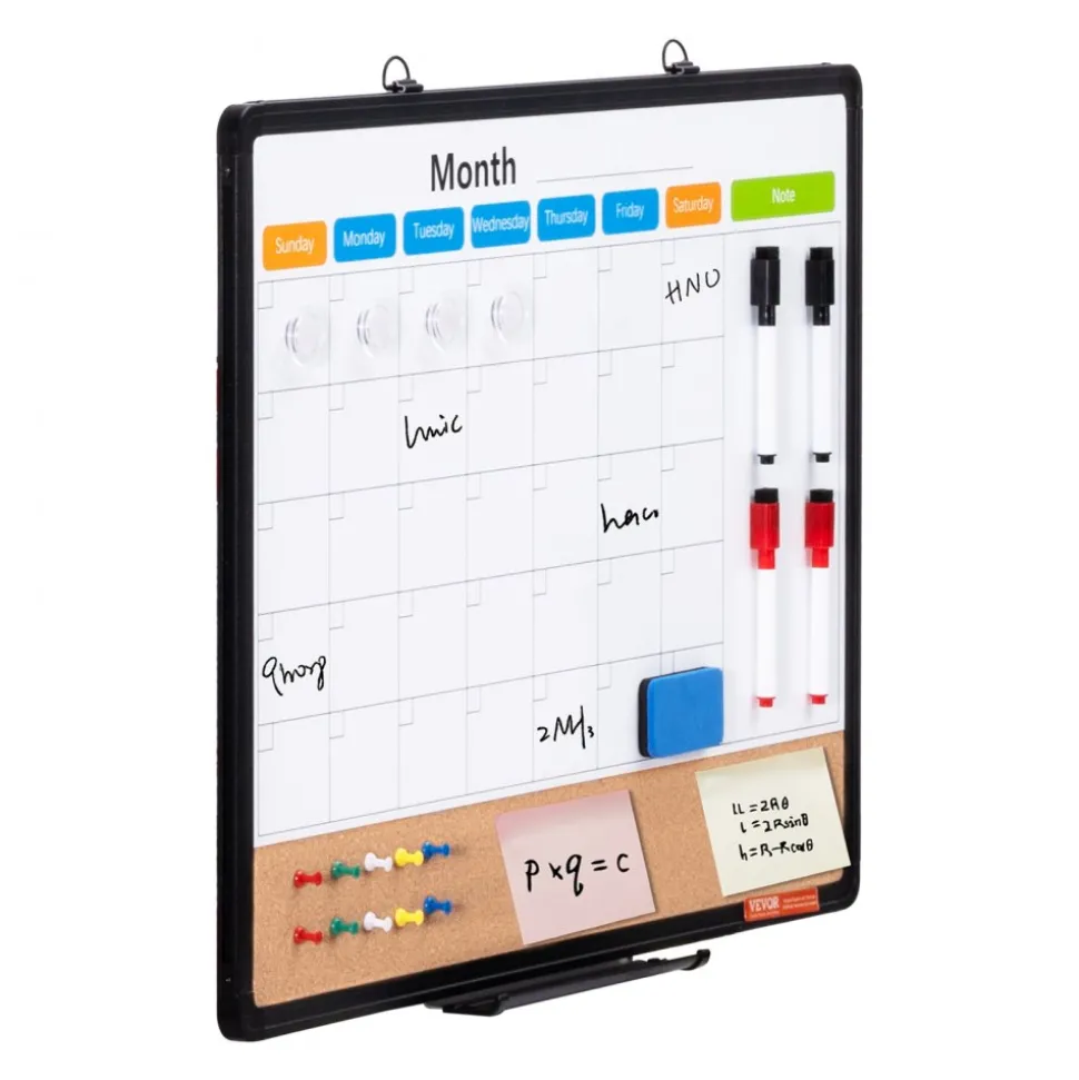 VEVOR 24"x 18" Monthly Calendar Whiteboard & Cork Board Combo with Aluminum Frame – 2-in-1 Magnetic Dry Erase Bulletin Board for Wall Mount – Ideal for School, Home, Office
