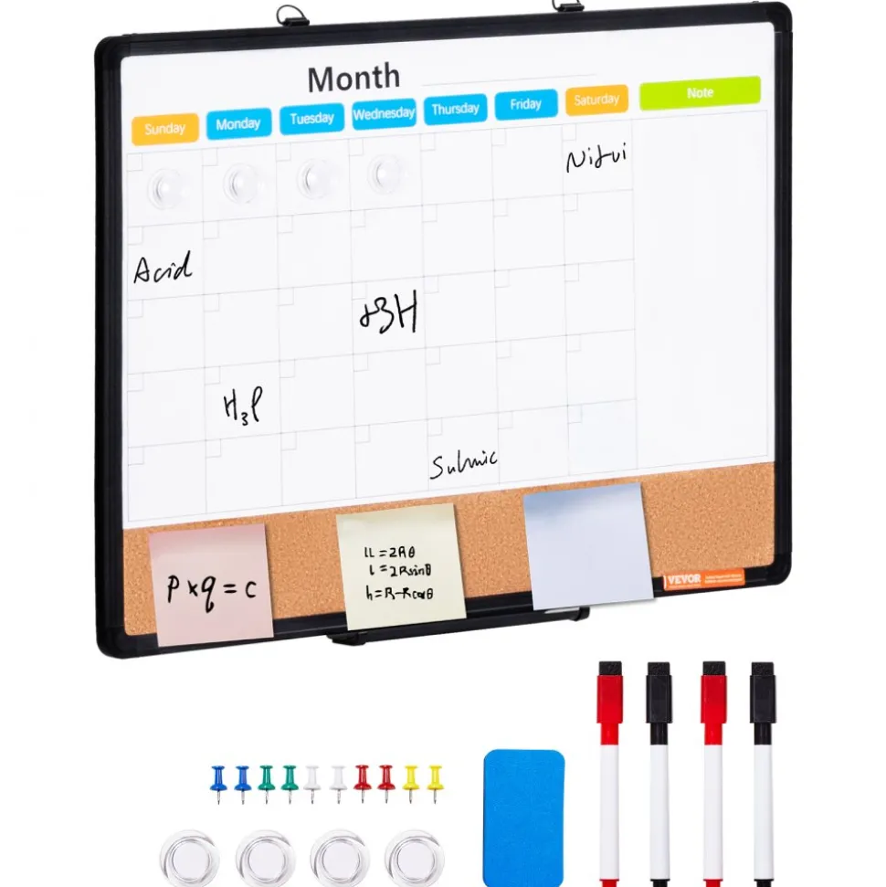 VEVOR 24"x 18" Monthly Calendar Whiteboard & Cork Board Combo with Aluminum Frame – 2-in-1 Magnetic Dry Erase Bulletin Board for Wall Mount – Ideal for School, Home, Office