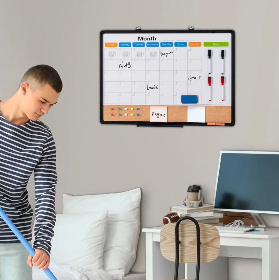VEVOR 24"x 18" Monthly Calendar Whiteboard & Cork Board Combo with Aluminum Frame – 2-in-1 Magnetic Dry Erase Bulletin Board for Wall Mount – Ideal for School, Home, Office