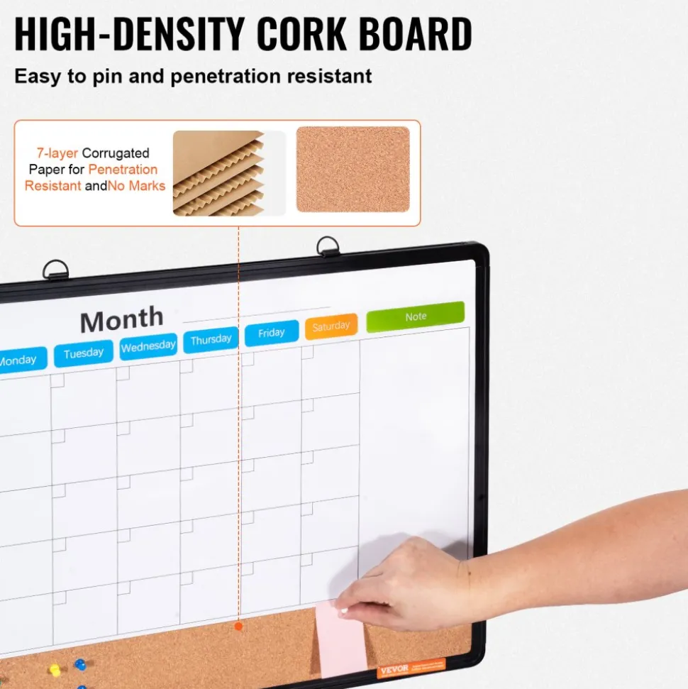 VEVOR 24"x 18" Monthly Calendar Whiteboard & Cork Board Combo with Aluminum Frame – 2-in-1 Magnetic Dry Erase Bulletin Board for Wall Mount – Ideal for School, Home, Office