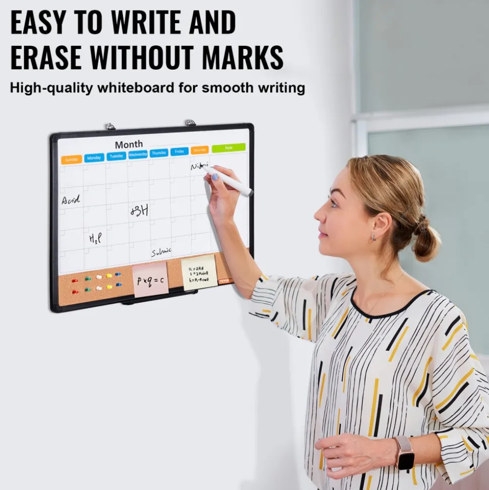 VEVOR 24"x 18" Monthly Calendar Whiteboard & Cork Board Combo with Aluminum Frame – 2-in-1 Magnetic Dry Erase Bulletin Board for Wall Mount – Ideal for School, Home, Office