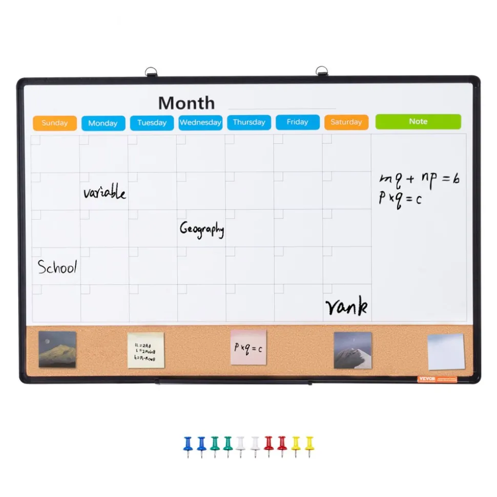 VEVOR 36"x 24" Monthly Calendar Whiteboard & Cork Board Combo with Aluminum Frame – 2-in-1 Magnetic Dry Erase Bulletin Board for Wall Mount – Ideal for School, Home, Office