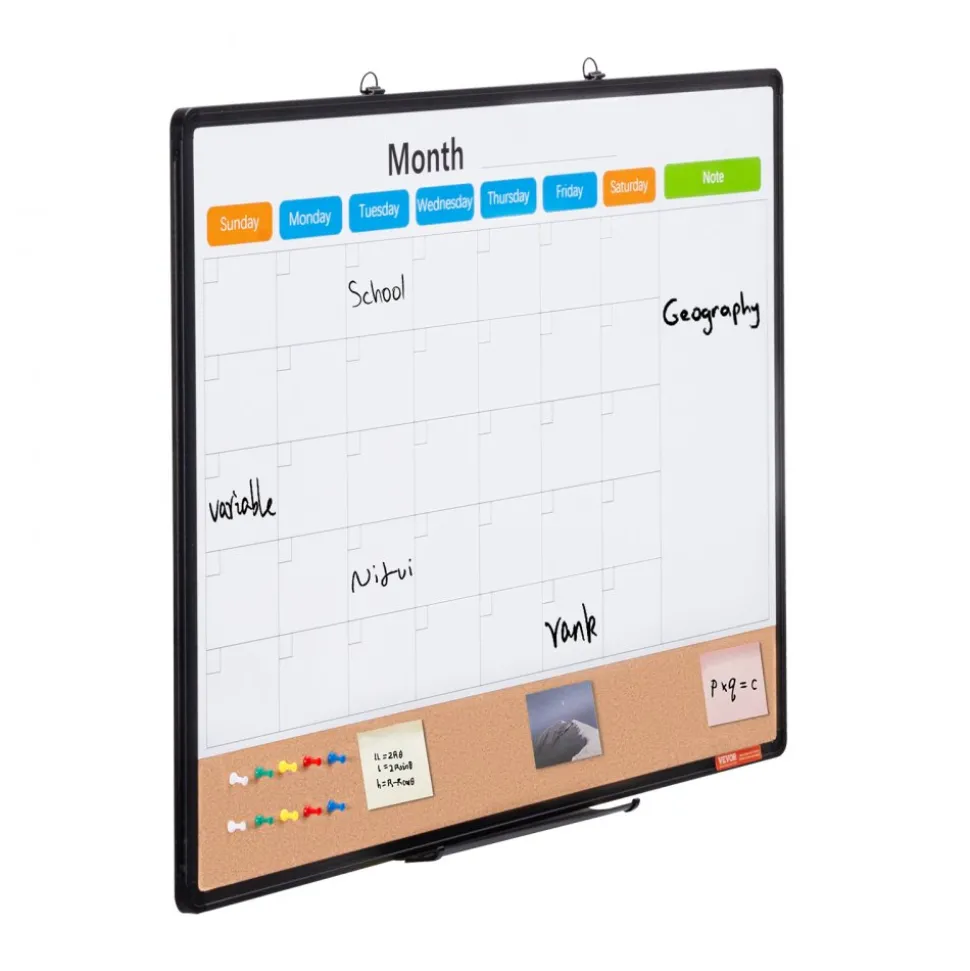 VEVOR 36"x 24" Monthly Calendar Whiteboard & Cork Board Combo with Aluminum Frame – 2-in-1 Magnetic Dry Erase Bulletin Board for Wall Mount – Ideal for School, Home, Office