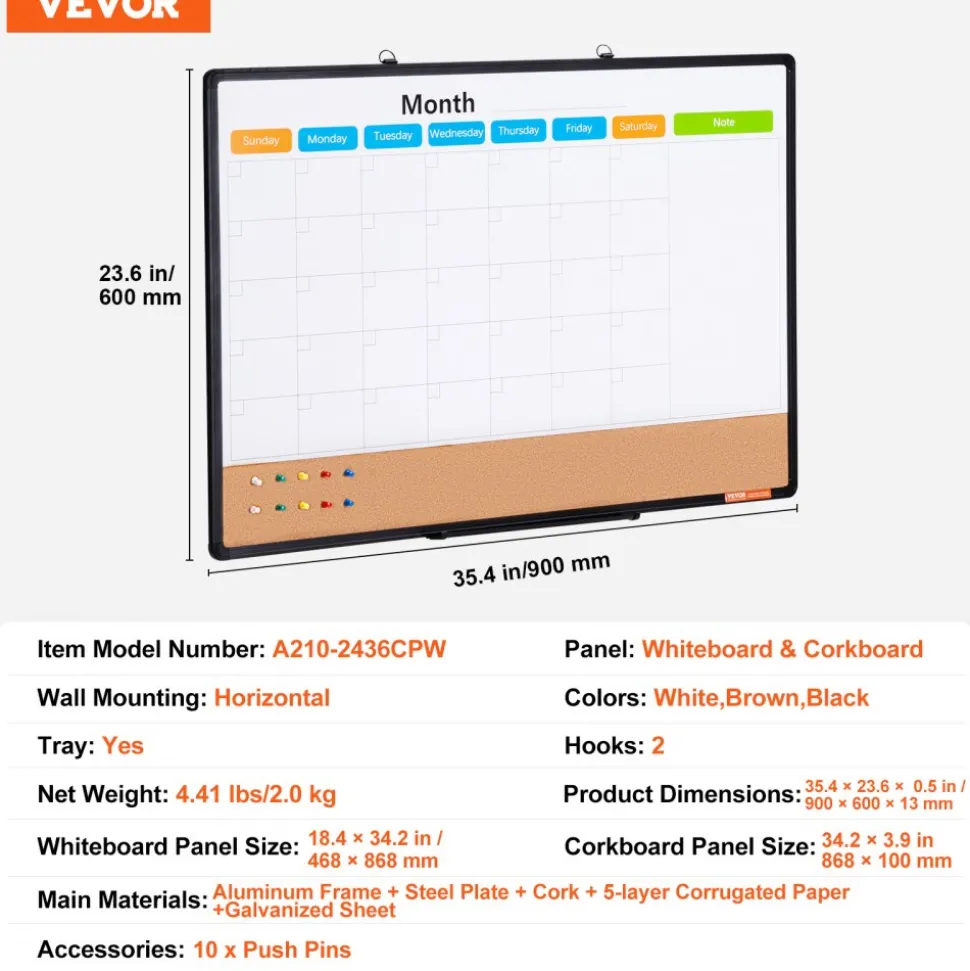 VEVOR 36"x 24" Monthly Calendar Whiteboard & Cork Board Combo with Aluminum Frame – 2-in-1 Magnetic Dry Erase Bulletin Board for Wall Mount – Ideal for School, Home, Office