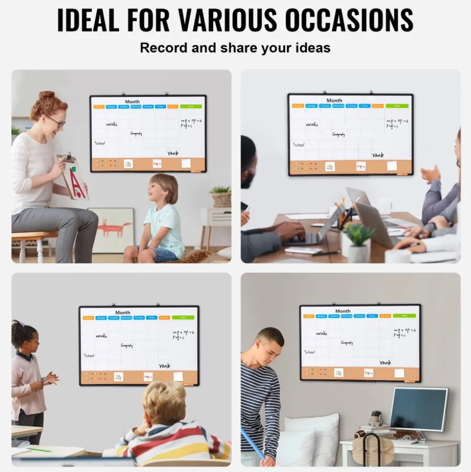 VEVOR 36"x 24" Monthly Calendar Whiteboard & Cork Board Combo with Aluminum Frame – 2-in-1 Magnetic Dry Erase Bulletin Board for Wall Mount – Ideal for School, Home, Office