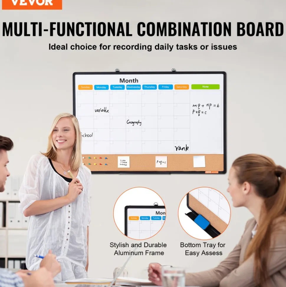 VEVOR 36"x 24" Monthly Calendar Whiteboard & Cork Board Combo with Aluminum Frame – 2-in-1 Magnetic Dry Erase Bulletin Board for Wall Mount – Ideal for School, Home, Office